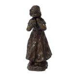 Goyeaux - early 20th century bronze figure of a peasant girl blowing into a bowl, titled 'C A Brule'