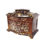 Tortoiseshell serpentine sarcophagus tea caddy, the frieze inlaid with a mother of pearl floral