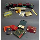 Box of interesting items to include collection of doctors/pharmacists measuring jugs, old coins,