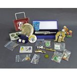 Cricket interest - box of mostly cricket related items to include cufflinks, corkscrews, ashtrays,