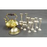 Five pairs of silver and white metal spill vases; together with a brass kettle and silver plated