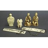 Faux ivory snuff bottle; together with two resin figures of seated gentlemen, figure depicting the