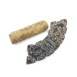 Interesting cylindrical bead, decorated with continuous bands of stylised swirls, 2.25" long; also a