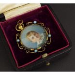 19th century gilt metal turquoise set miniature pendant, inset with a circular portrait of a young