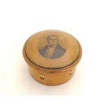 Mauchline ware - Clark & Co. circular thread box decorated with a portrait of Sir Walter Scott to