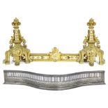 Good pair of gilt metal chenets, cast and pierced with mythical beasts with adjoining bar, the