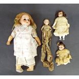 Two miniature porcelain dolls, both with articulated limbs, one with shutting eyes, in period dress;