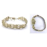 9ct gate bracelet with padlock and safety chain, 5.1gm; also a 14k gold plated and stainless steel