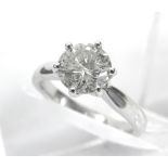 Good platinum round brilliant-cut solitaire diamond ring, 1.60ct approx, clarity I1/2, colour I/J,