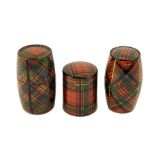 Tartan ware - three barrel shaped and cylindrical thimble boxes in the Stuart, McFariane and Clan