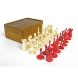 19th century ivory chess set, height of king 8cm, within a wooden games box