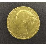 Victoria 1873 young head shield back sovereign coin, 8gm