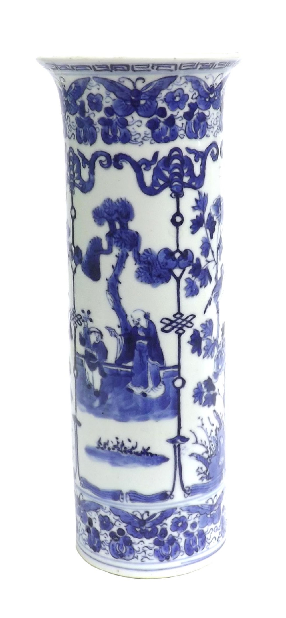 Chinese blue and white porcelain cylinder vase, decorated with figures and birds in trees,