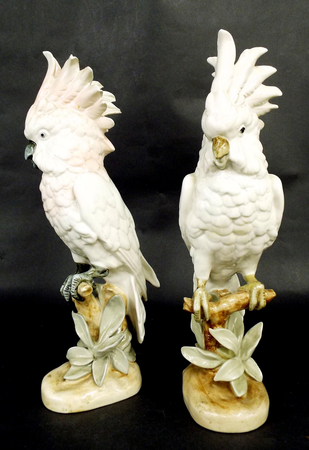 Two Royal Dux porcelain figures of cockatoos, pink triangle stamp mark to base and further ink stamp