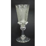 Victorian glass goblet, the tapered bowl engraved with fruiting vines between frosted panels,