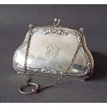 Early 20th century silver purse on chain, with embossed ribbon banding, maker Henry Clifford