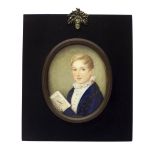 English School - half size portrait of a young boy in a ruffled collar holding an open book, work on