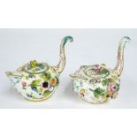 Pair of 19th century porcelain teapots in the style of Meisssen, with vertical handles and encrusted