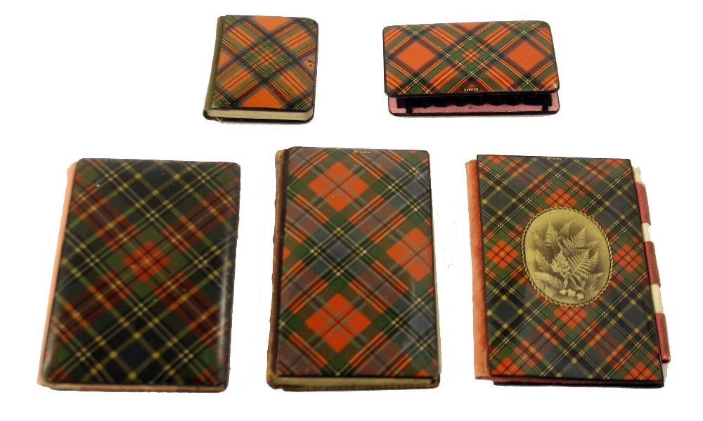 Tartan ware - McBeth pattern needle case decorated with ferns, 4" x 2.75"; another similar pattern