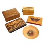 Mauchline ware - mixed items to include a shell seaweed tray, fern box, painted needle case and a