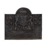 17th century style cast iron fireback embossed with the Royal crest, bearing the date '1662', 30"