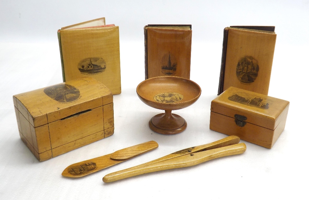 Mauchline ware - pair of glove stretchers, money box, books and other items decorated with views