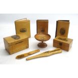 Mauchline ware - pair of glove stretchers, money box, books and other items decorated with views