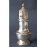 Georgian style silver baluster sifter, the pierced lid with diaper and scrolled panels, maker A