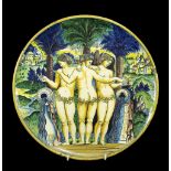 Majolica pedestal dish painted with The Three Graces in a Mediterranean landscape, inscribed '