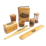 Mauchline ware - album, egg timer, tumbler in box etc, decorated with transfers of Kent and Hastings