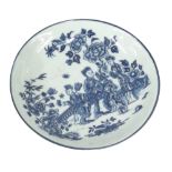Early Worcester blue and white 'Three Ladies Passion' small circular dish, blue crescent mark to