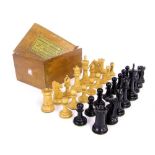 Jaques Staunton ebony and boxwood chess set, height of king 8.5cm, within a Staunton box with label