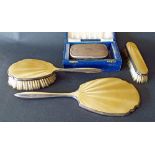 Walker & Hall three piece guilloche and enamel silver dressing set comprising two brushes and