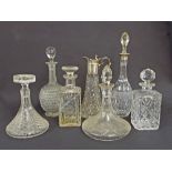 Collection of six glass decanters to include a hobnail cut glass baluster decanter, 13" high and a