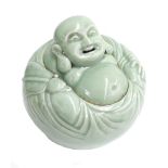 Interesting celadon lidded incense jar in the form of a Buddha, with four pierced holes to the back,