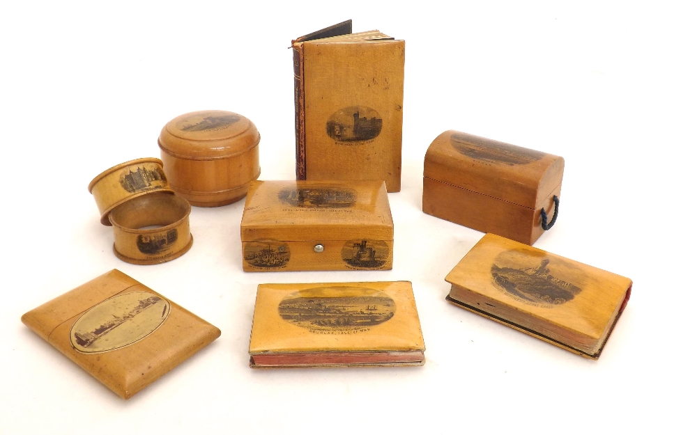 Mauchline ware - mixed items to include a card case, boxes, books etc decorated with transfers of
