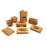 Mauchline ware - mixed items to include a card case, boxes, books etc decorated with transfers of