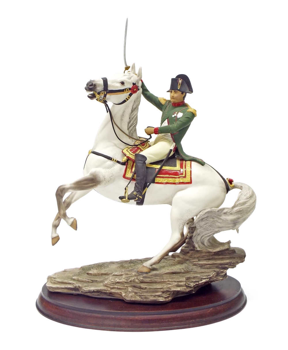 Franklin Mint fine porcelain 'Napoleon at Waterloo' by Ronald Van Ruigcheldt, upon moulded wooden