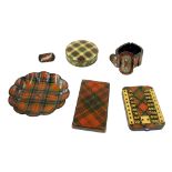 Tartan ware - card case, 3.25" x 1.75", McPherson pattern bracelet, brooch, Bezique marker, patch