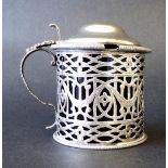 Victorian dome lidded silver mustard pot, with pierced shell thumbpiece and further pierced body
