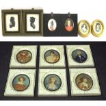 Collection of six miniature portraits all within piano key frames, oval mounts, each 3.5" x 2.5";