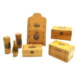 Mauchline ware - letter rack, 7.5" high and various boxes, decorated with transfers of Berkshire,