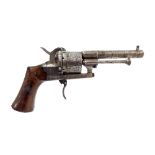 19th century Belgium 8mm calibre six shot pin fire revolver, with engraved decoration, folding