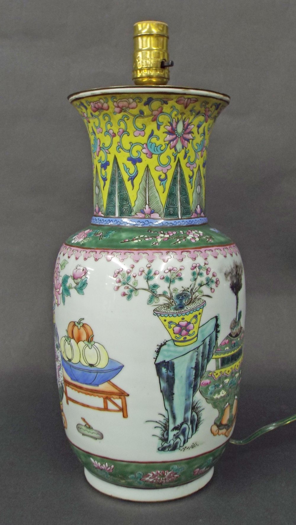 19th century Chinese porcelain baluster vase converted to a lamp, decorated with still life