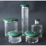 Good quality set of five silver and shagreen lidded faceted glass scent bottles/jars, maker Cole