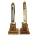 Mauchline ware - two obelisk desk thermometers transfer printed with scenes of Chesil Beach,