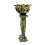 Large Victorian Staffordshire glazed jardiniere on stand with green lustre glaze, the pot of oval