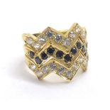 Yellow metal stone set three section ring, marked 916, 8.9gm, ring size N