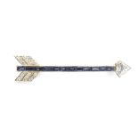 Fine sapphire and diamond platinum arrow brooch, with a trillion-cut diamond, 0.60ct approx, clarity