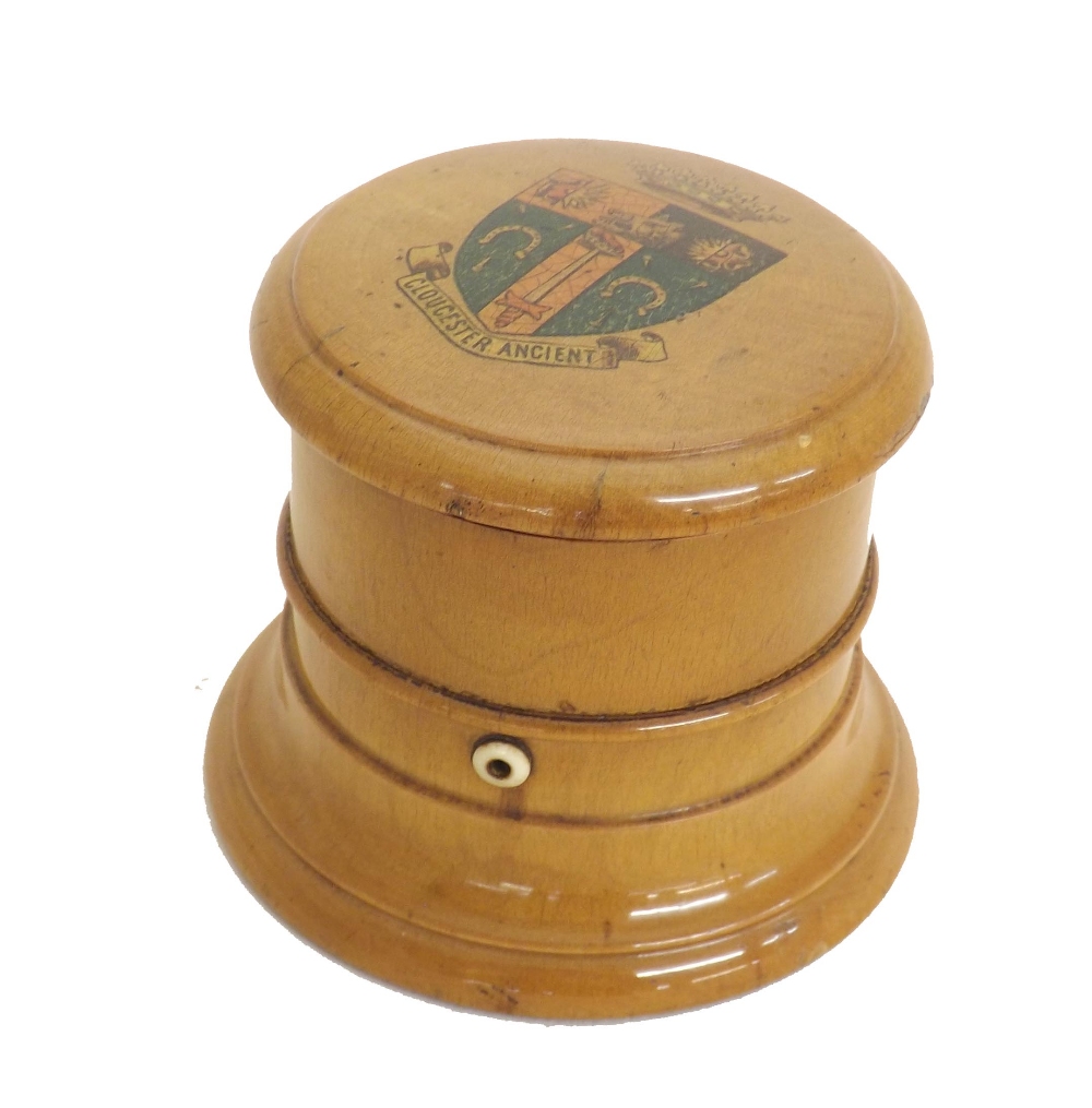 Mauchline ware - three-part circular thread box decorated with Crest and Gloucester Ancient to